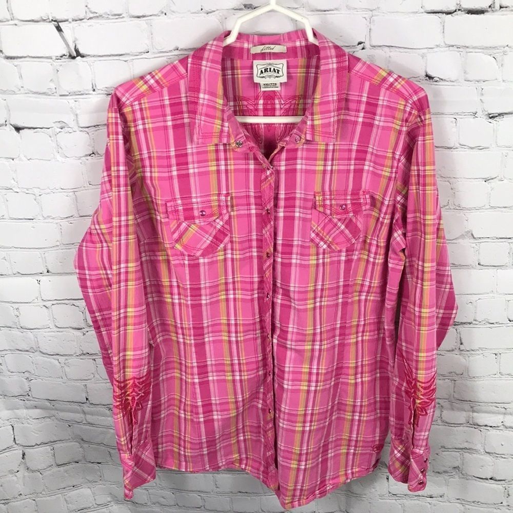 Ariat Pink, white, yellow Plaid Western Embroidered Pearl Snap Fitted XXL EUC